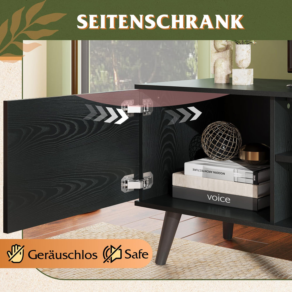 WLIVE TV Cabinet 160 cm Lowboard with 2 Doors up to 70 Inches Black 160 x