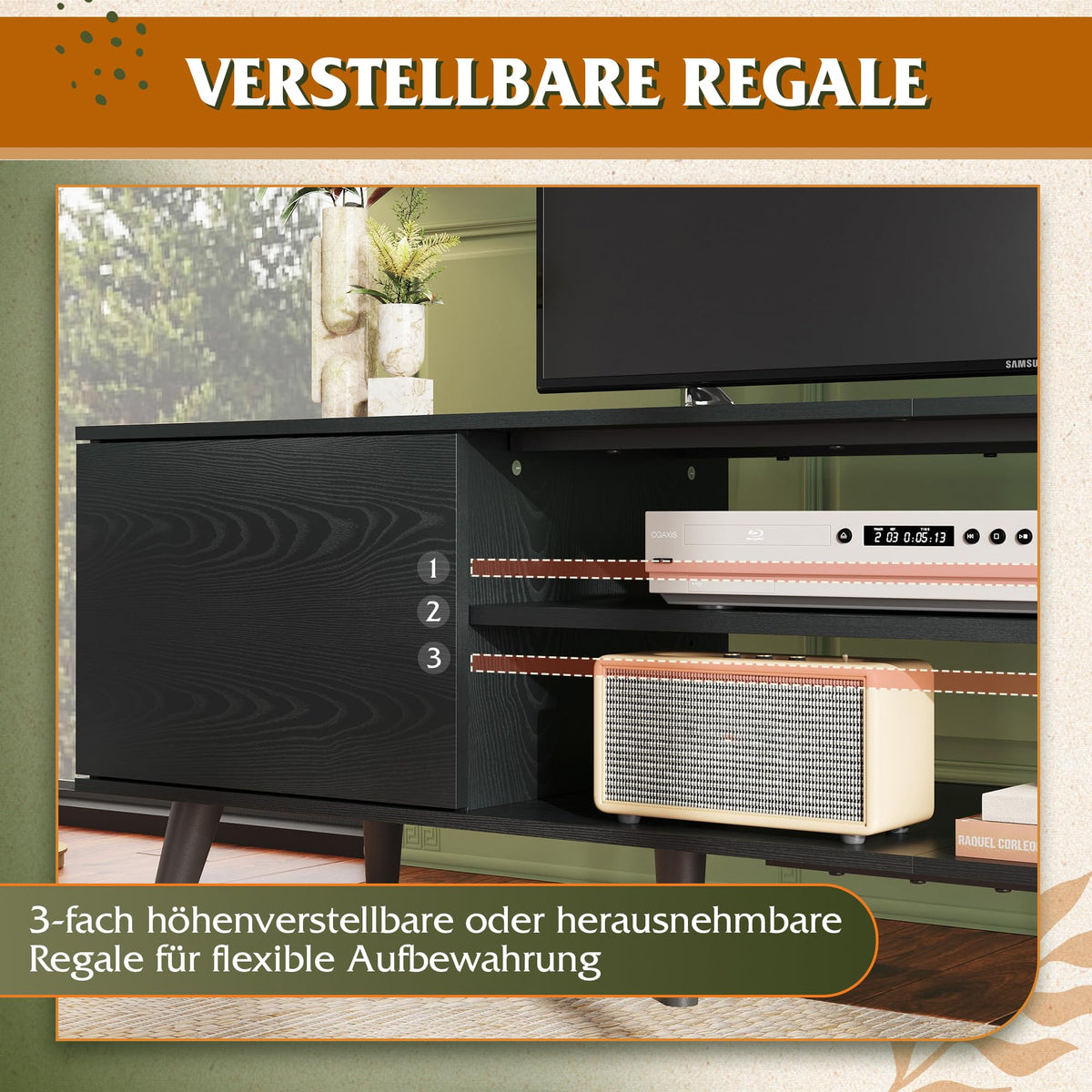 WLIVE TV Cabinet 160 cm Lowboard with 2 Doors up to 70 Inches Black 160 x