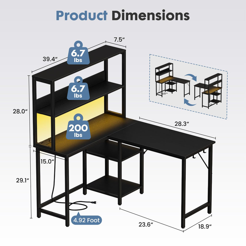 DUMOS L Shaped Desk, Gaming Desk, Power Outlet, 43 Inch