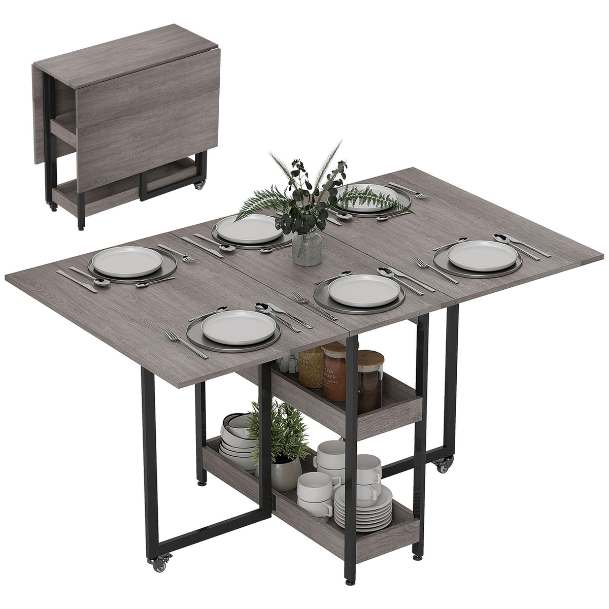 HOMCOM 30-130cm Folding Dining Table for 4 Drop-Leaf Kitchen Table, Grey