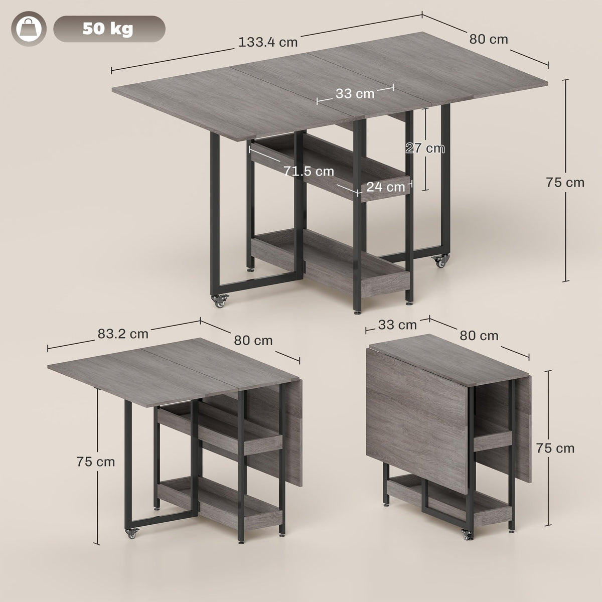 HOMCOM 30-130cm Folding Dining Table for 4 Drop-Leaf Kitchen Table, Grey
