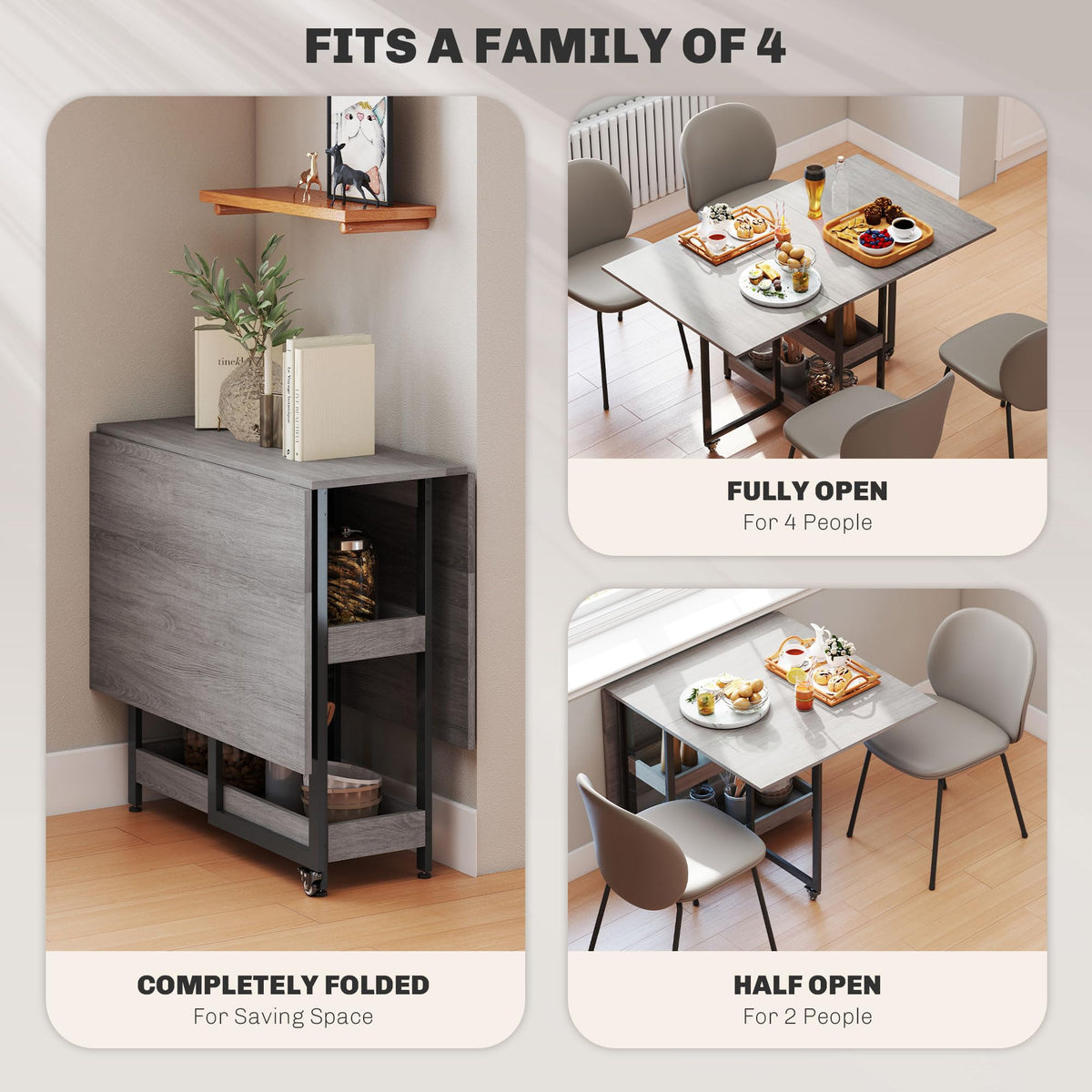 HOMCOM 30-130cm Folding Dining Table for 4 Drop-Leaf Kitchen Table, Grey