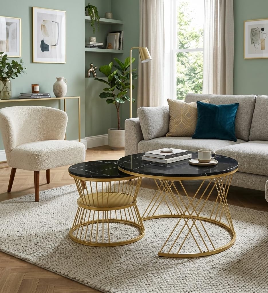 ARTROCK Set of 2 Modern Round Nesting Coffee Tables Metal Frame Living Room Center Table Space Saving Nesting Side Table Set 56cm and 46cm (Black Gold)