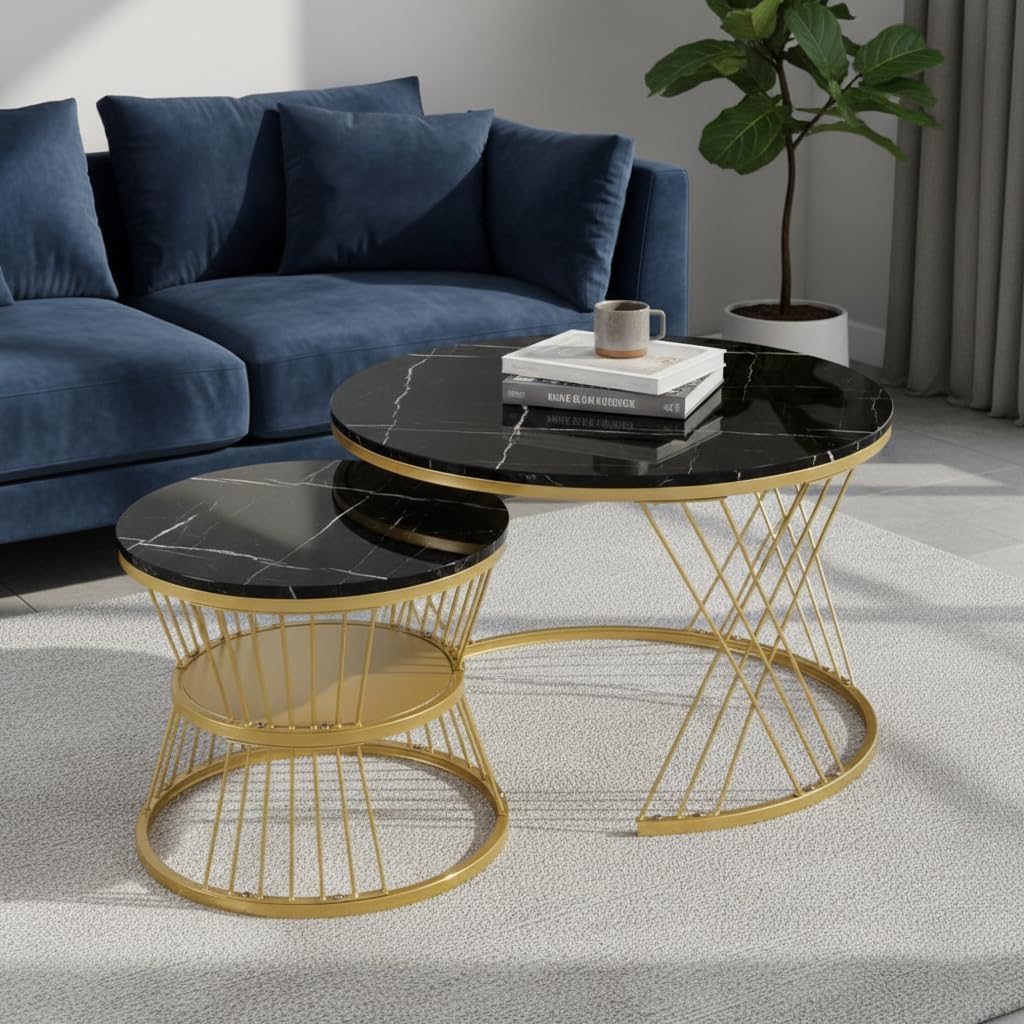 ARTROCK Set of 2 Modern Round Nesting Coffee Tables Metal Frame Living Room Center Table Space Saving Nesting Side Table Set 56cm and 46cm (Black Gold)