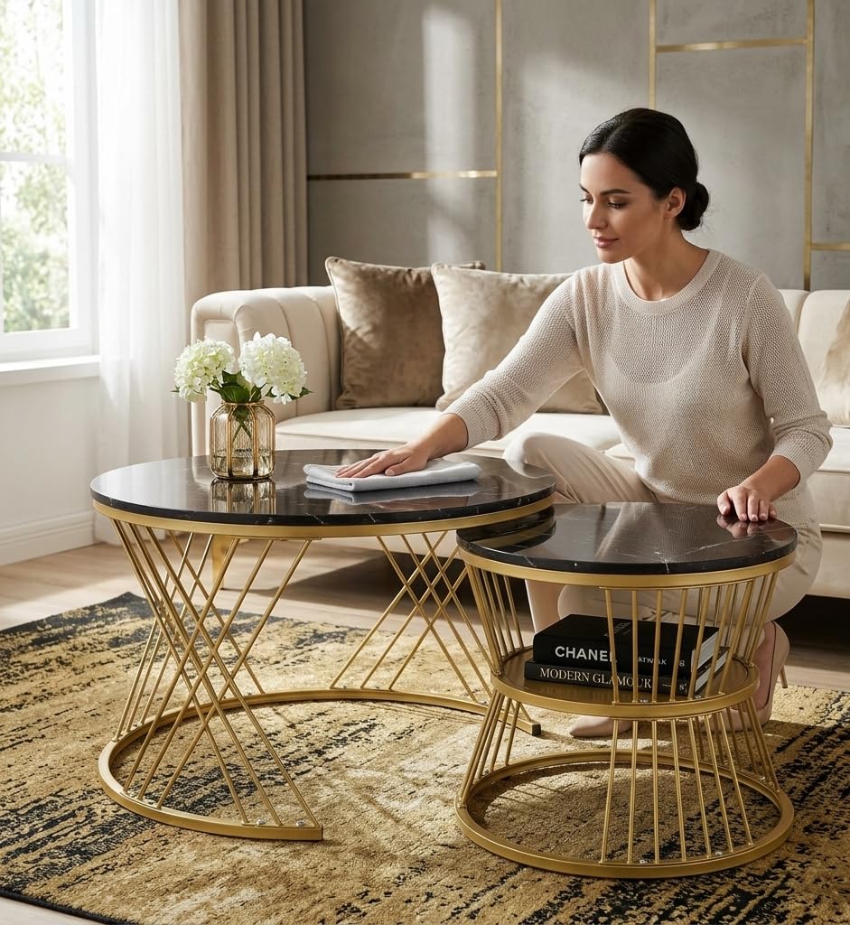 ARTROCK Set of 2 Modern Round Nesting Coffee Tables Metal Frame Living Room Center Table Space Saving Nesting Side Table Set 56cm and 46cm (Black Gold)