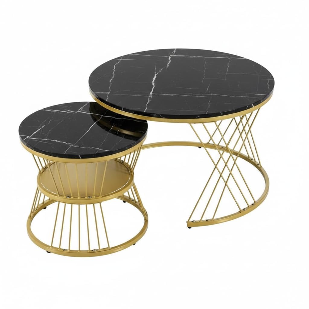 ARTROCK Set of 2 Modern Round Nesting Coffee Tables Metal Frame Living Room Center Table Space Saving Nesting Side Table Set 56cm and 46cm (Black Gold)