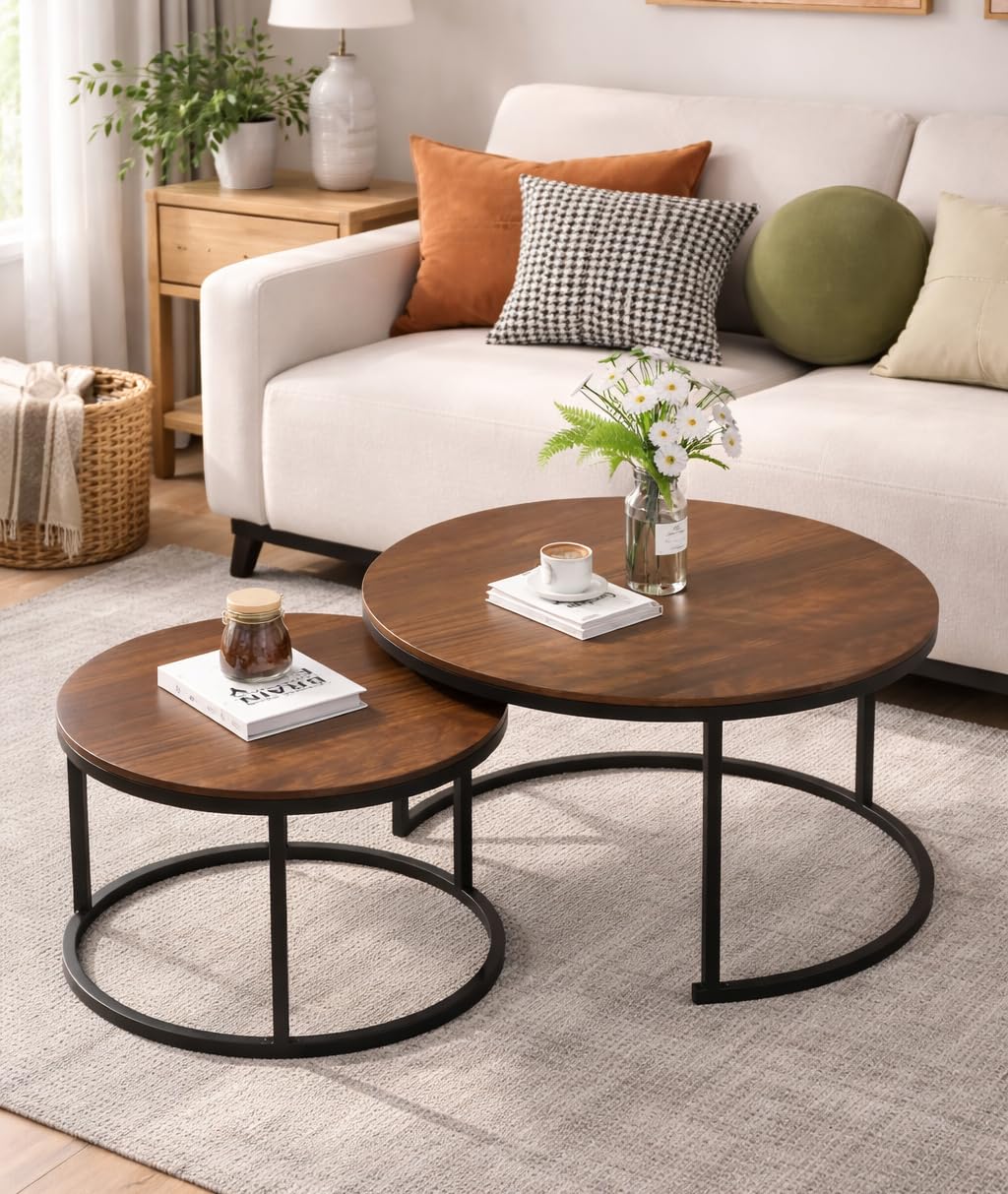 Device Bas with BROWN ART SHOPPEE Home Décor Furniture Round Side Coffee Table Sets,2 Piece Mdf Top Couch Table,Stacking Nesting Table With Iron Frame For Living Room Living Room Or Lounge (Brown)
