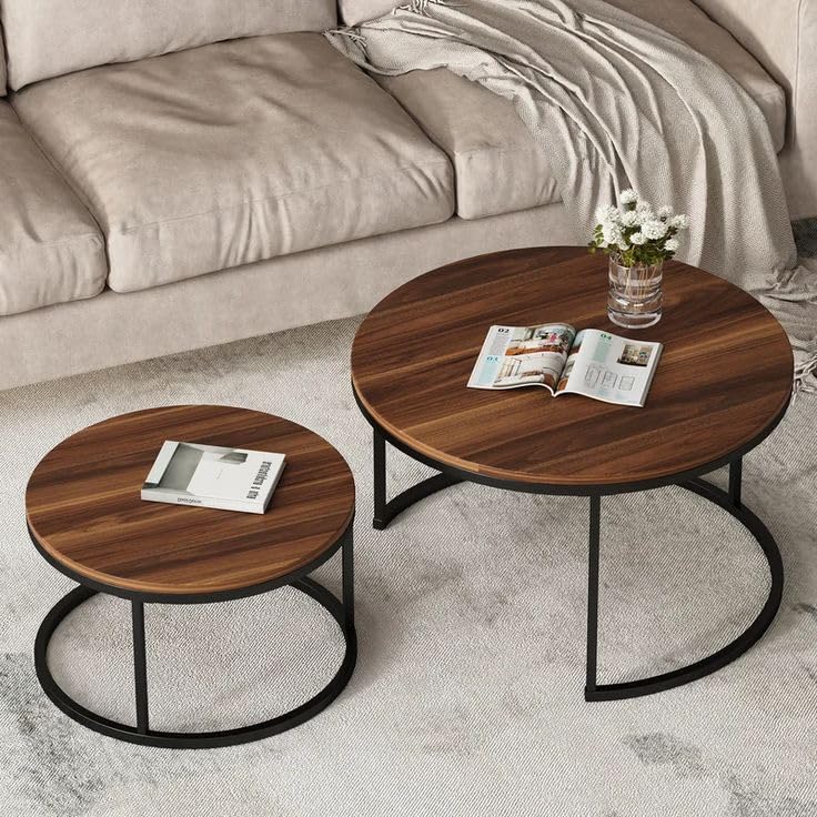 Device Bas with BROWN ART SHOPPEE Home Décor Furniture Round Side Coffee Table Sets,2 Piece Mdf Top Couch Table,Stacking Nesting Table With Iron Frame For Living Room Living Room Or Lounge (Brown)
