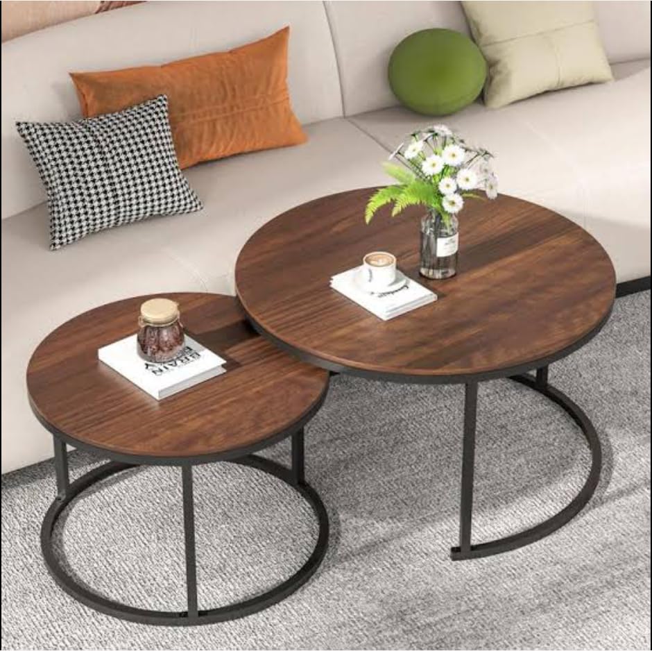 Device Bas with BROWN ART SHOPPEE Home Décor Furniture Round Side Coffee Table Sets,2 Piece Mdf Top Couch Table,Stacking Nesting Table With Iron Frame For Living Room Living Room Or Lounge (Brown)