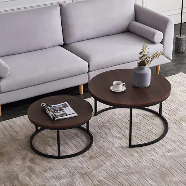 Device Bas with BROWN ART SHOPPEE Home Décor Furniture Round Side Coffee Table Sets,2 Piece Mdf Top Couch Table,Stacking Nesting Table With Iron Frame For Living Room Living Room Or Lounge (Brown)