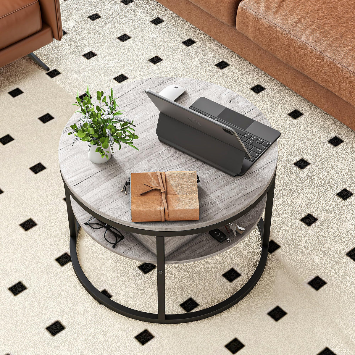 HOJINLINERO Round Coffee Table with Storage,Lift Top Coffee Table for Living Room Reception Room,2 Tier Small Round Table Dining Center,Grey