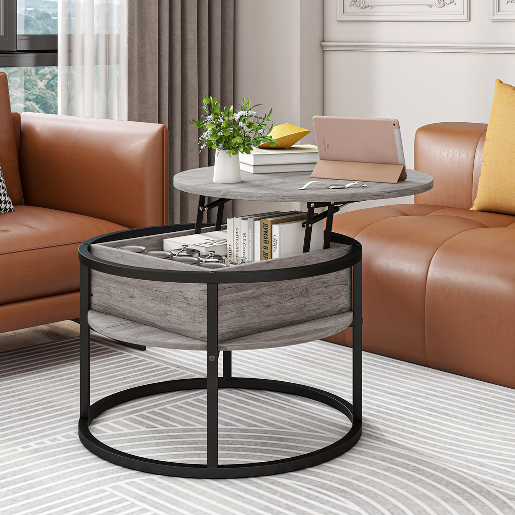 HOJINLINERO Round Coffee Table with Storage,Lift Top Coffee Table for Living Room Reception Room,2 Tier Small Round Table Dining Center,Grey