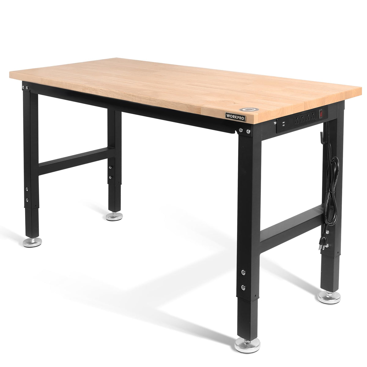 WORKPRO 48" Adjustable Workbench, Rubber Wood Top Heavy-Duty Workstation, 2000 LBS Load Capacity Hardwood Worktable with Power Outlets, for Workshop, Garage, Pack of 2