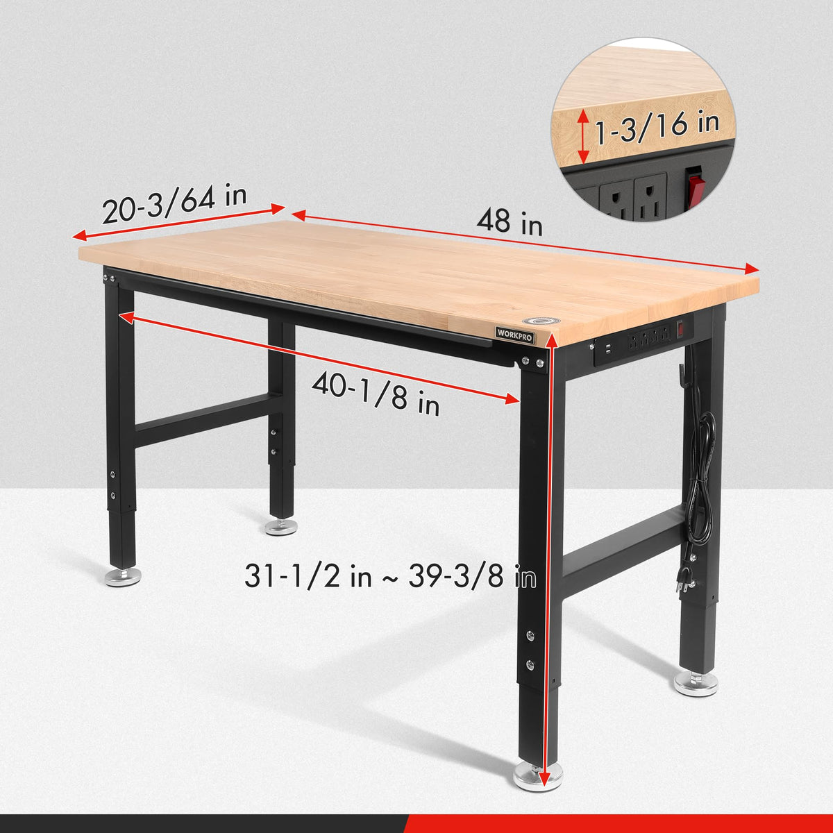 WORKPRO 48" Adjustable Workbench, Rubber Wood Top Heavy-Duty Workstation, 2000 LBS Load Capacity Hardwood Worktable with Power Outlets, for Workshop, Garage, Pack of 2