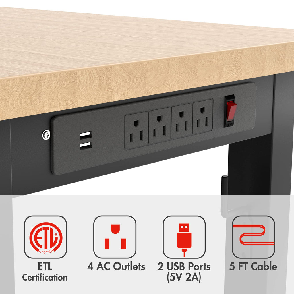 WORKPRO 48" Adjustable Workbench, Rubber Wood Top Heavy-Duty Workstation, 2000 LBS Load Capacity Hardwood Worktable with Power Outlets, for Workshop, Garage, Pack of 2