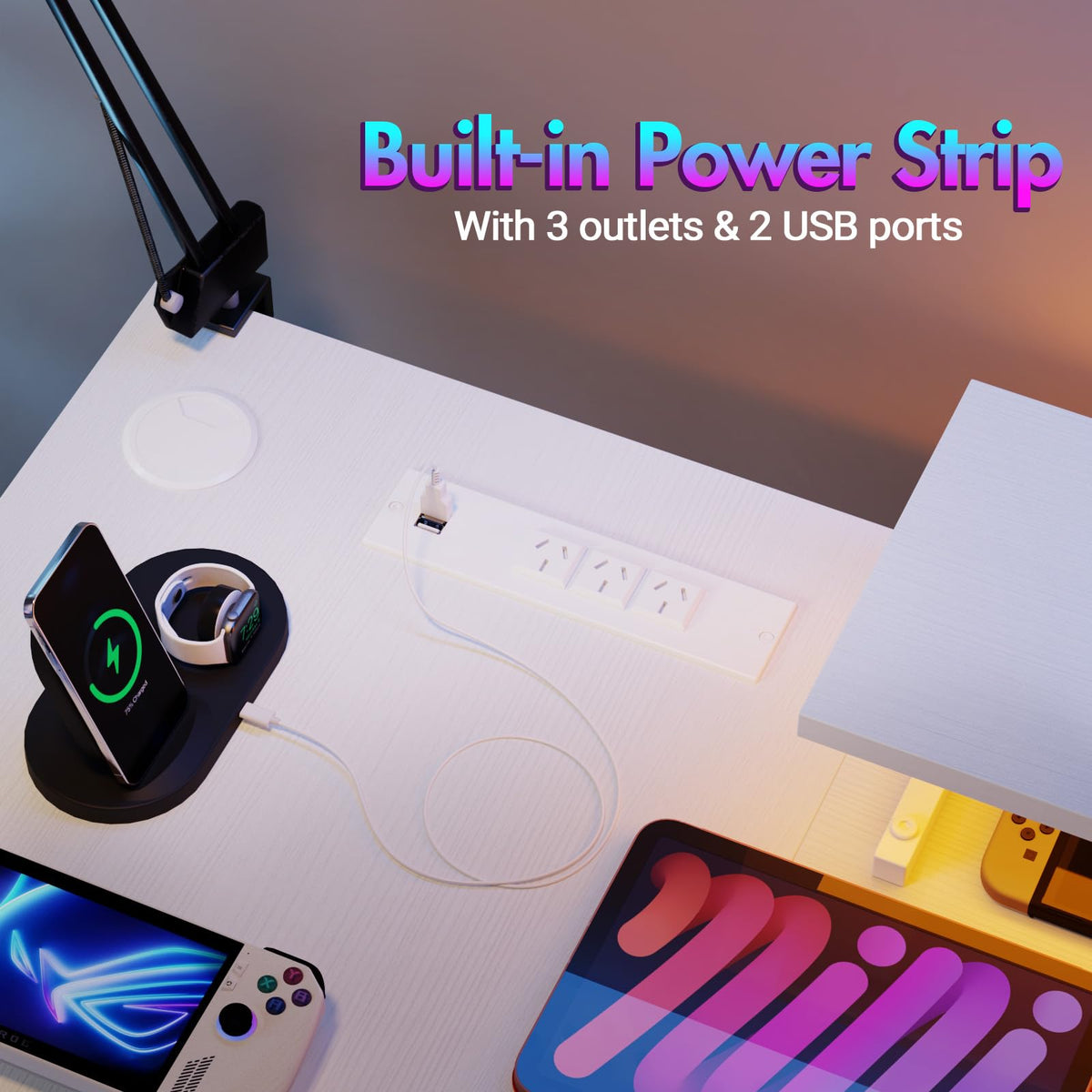 Ufurniture 160cm L-Shaped Gaming Desk with RGB LED Lights & Power Outlets