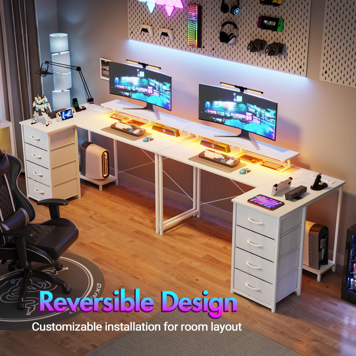 Ufurniture 160cm L-Shaped Gaming Desk with RGB LED Lights & Power Outlets