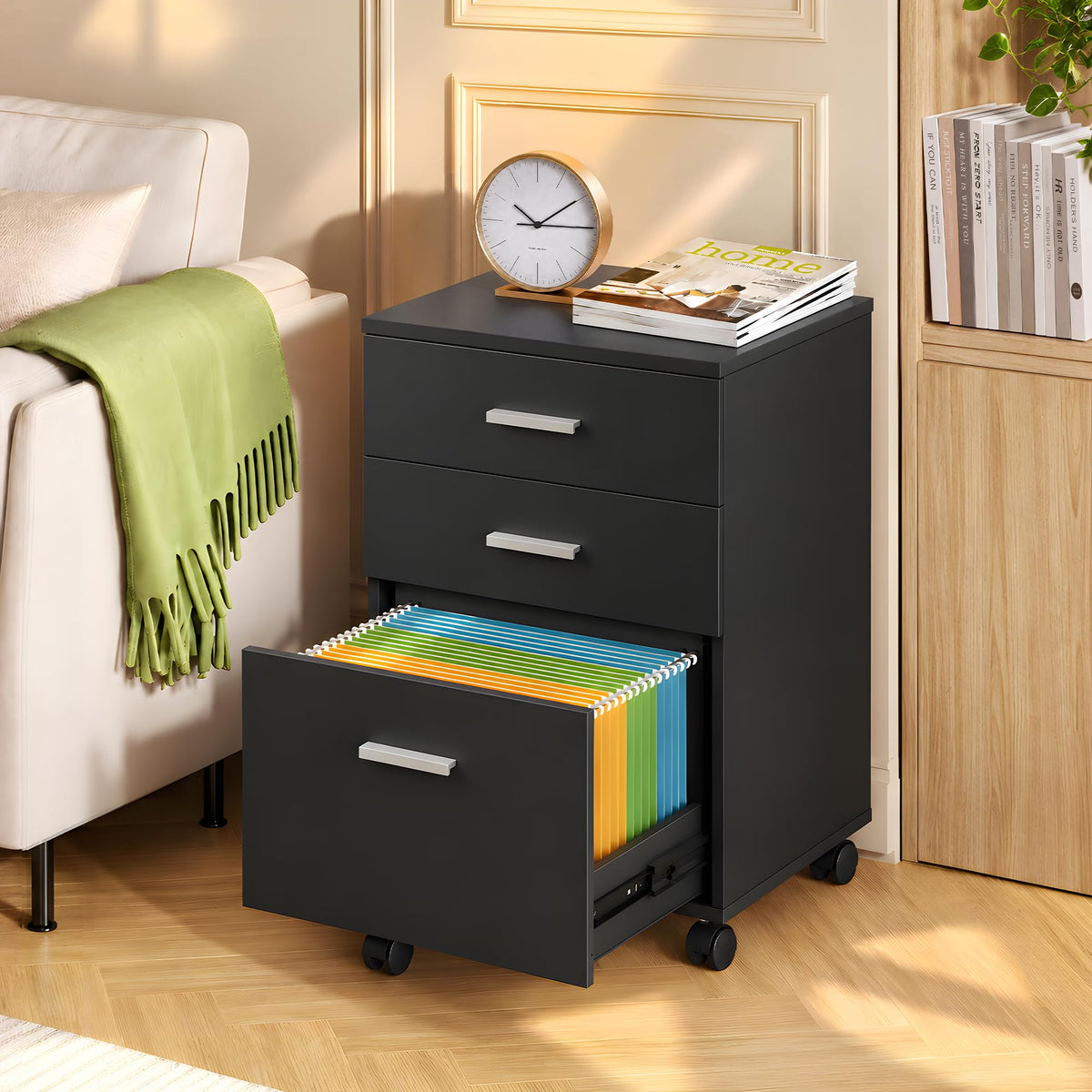 DEVAISE 3 Drawer Wood File Cabinet, Under Desk Filing Cabinet, Black