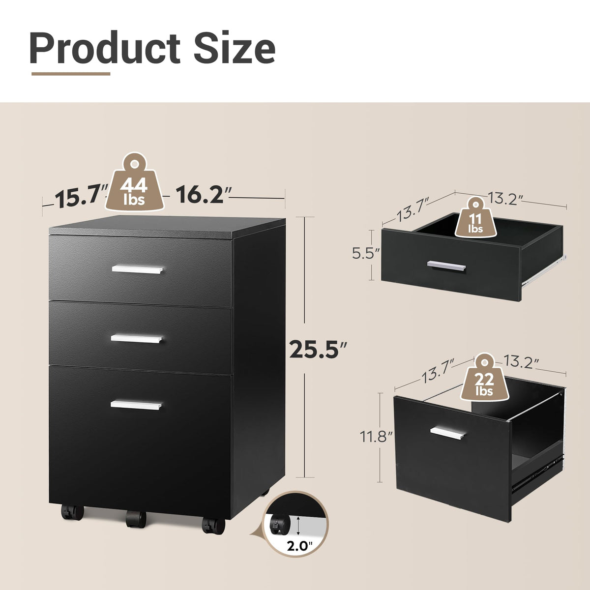 DEVAISE 3 Drawer Wood File Cabinet, Under Desk Filing Cabinet, Black