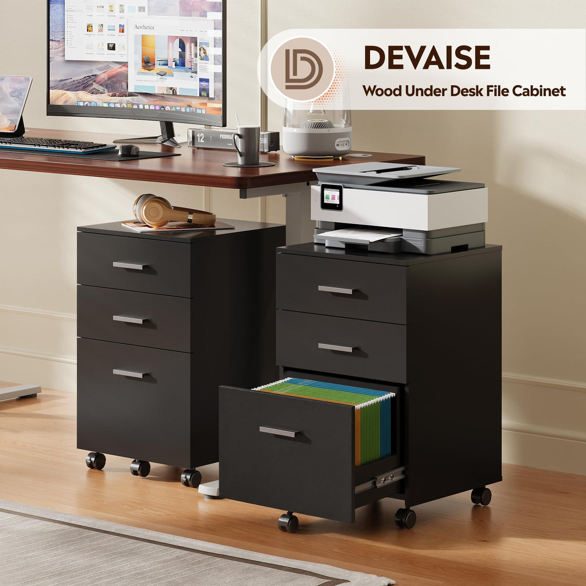DEVAISE 3 Drawer Wood File Cabinet, Under Desk Filing Cabinet, Black