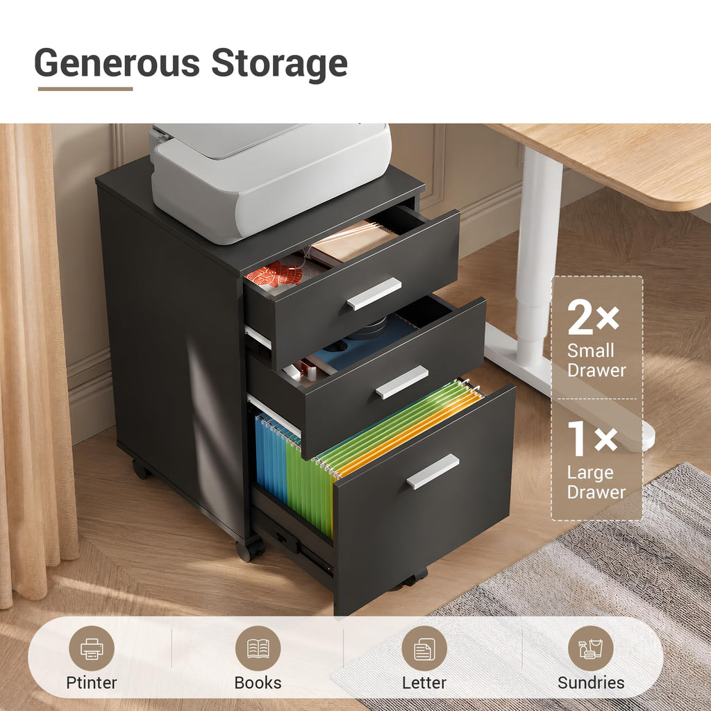 DEVAISE 3 Drawer Wood File Cabinet, Under Desk Filing Cabinet, Black