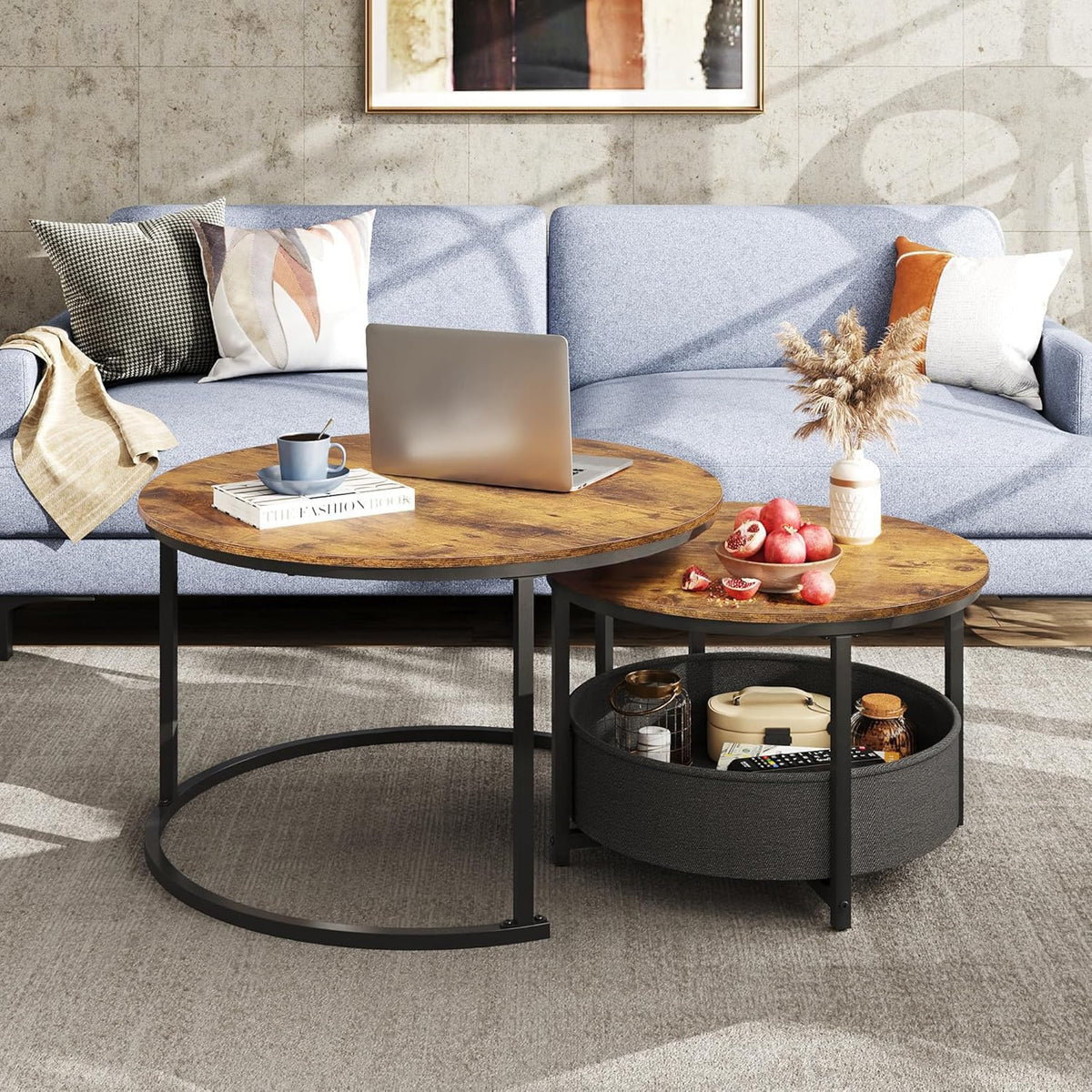 WLIVE Coffee Table Set of 2, 80 Diameter Large Living Room Table, 60 Diameter Side Table Round with Storage Space, Metal Frame, Coffee Table for Living Room (Rustic Brown)