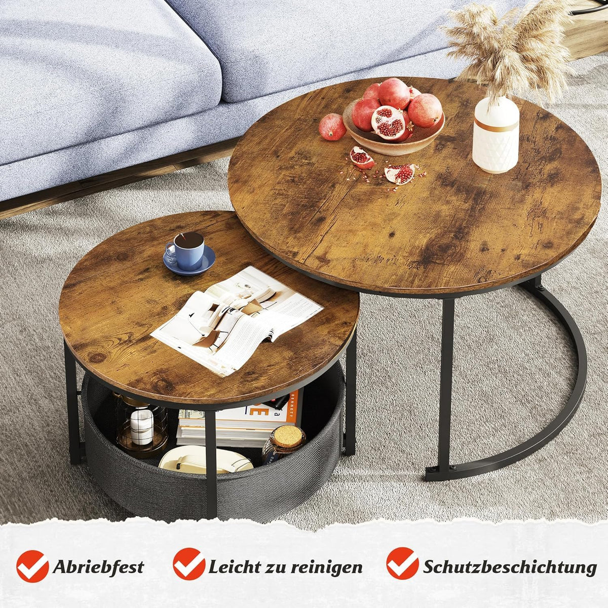 WLIVE Coffee Table Set of 2, 80 Diameter Large Living Room Table, 60 Diameter Side Table Round with Storage Space, Metal Frame, Coffee Table for Living Room (Rustic Brown)
