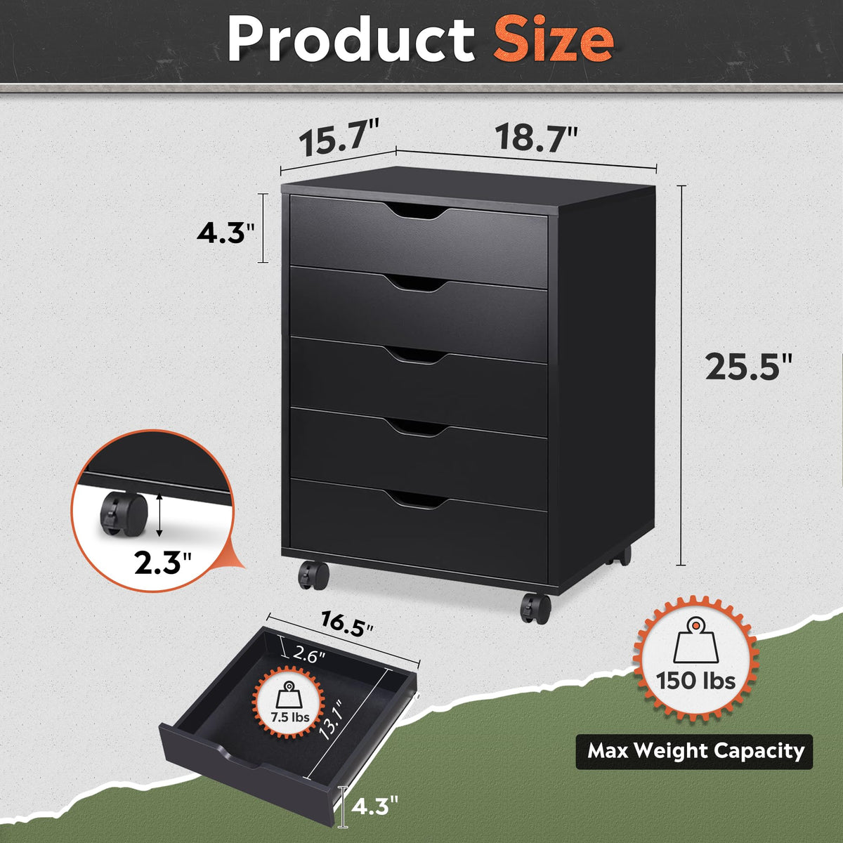 DEVAISE 5-Drawer Filing Cabinet, Under Desk file Cabinet, Black