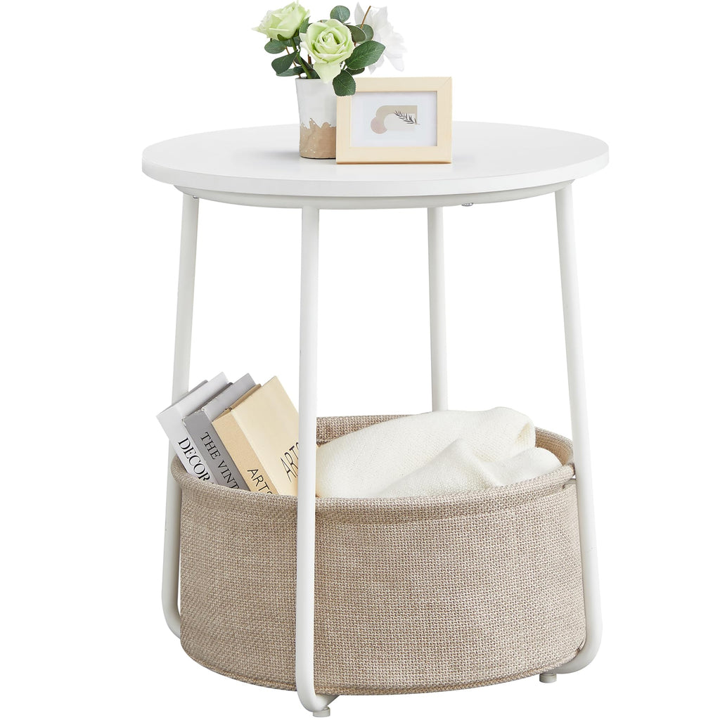 VASAGLE Small Round Side End Table, Small Nightstand with Fabric Basket