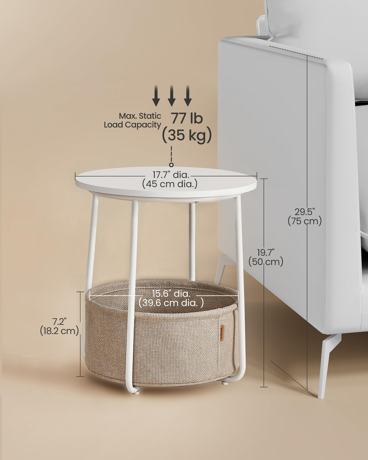 VASAGLE Small Round Side End Table, Small Nightstand with Fabric Basket