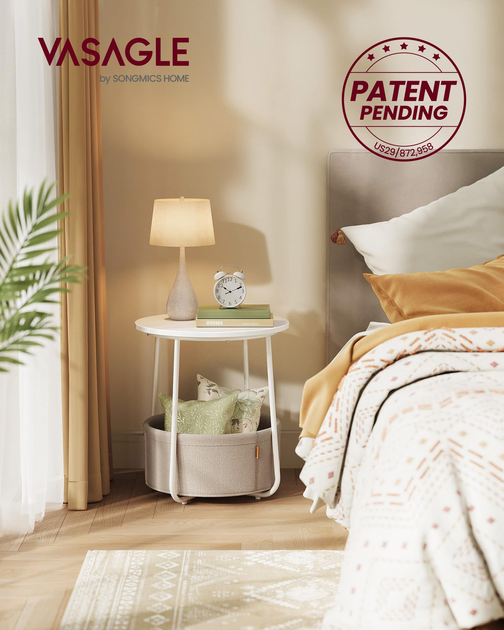 VASAGLE Small Round Side End Table, Small Nightstand with Fabric Basket