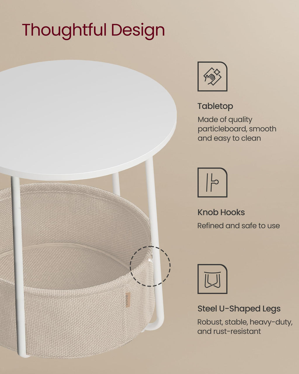 VASAGLE Small Round Side End Table, Small Nightstand with Fabric Basket