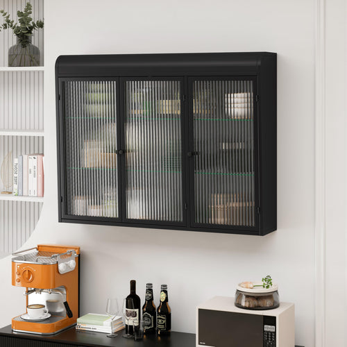 3 Door Arched Wall Mounted Glass Cabinets for Kitchen, Living Room and Bathroom (Black)