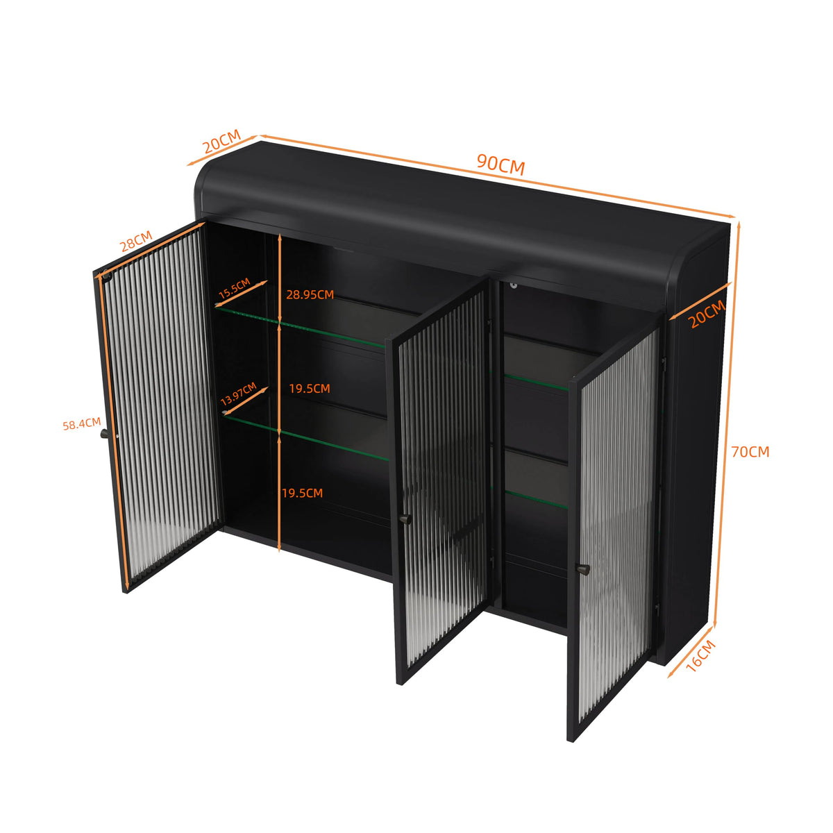 3 Door Arched Wall Mounted Glass Cabinets for Kitchen, Living Room and Bathroom (Black)