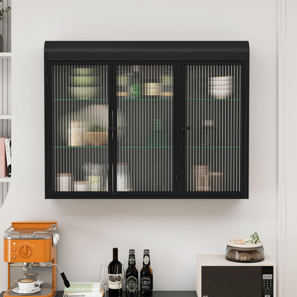 3 Door Arched Wall Mounted Glass Cabinets for Kitchen, Living Room and Bathroom (Black)