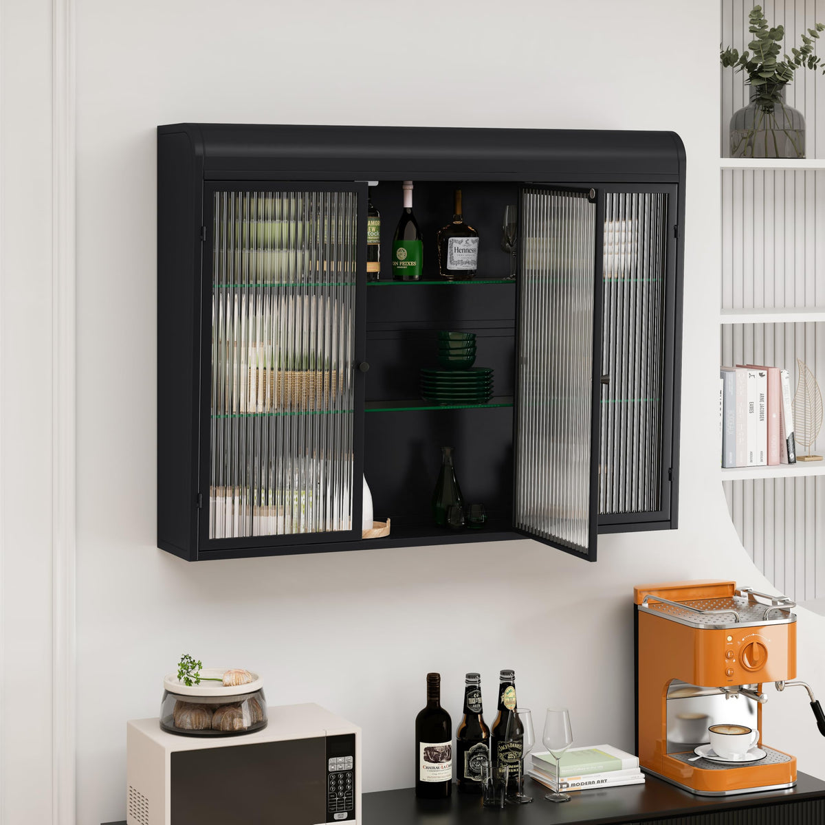 3 Door Arched Wall Mounted Glass Cabinets for Kitchen, Living Room and Bathroom (Black)