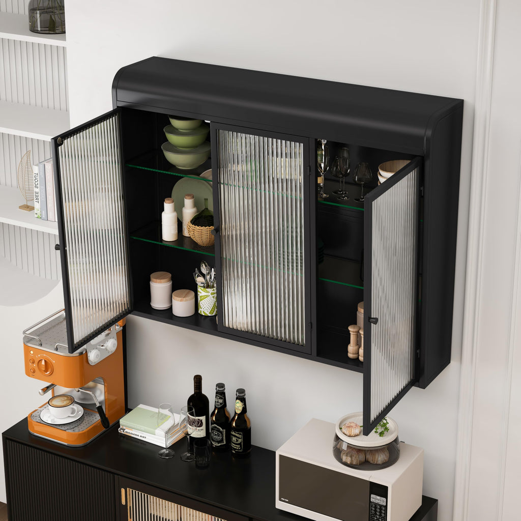 3 Door Arched Wall Mounted Glass Cabinets for Kitchen, Living Room and Bathroom (Black)