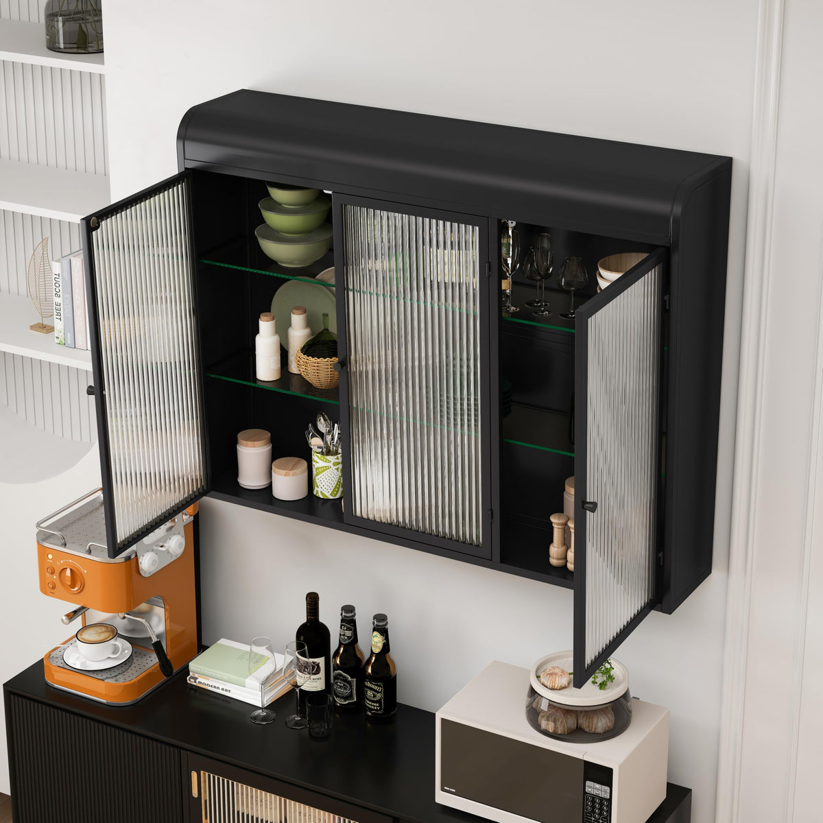 3 Door Arched Wall Mounted Glass Cabinets for Kitchen, Living Room and Bathroom (Black)
