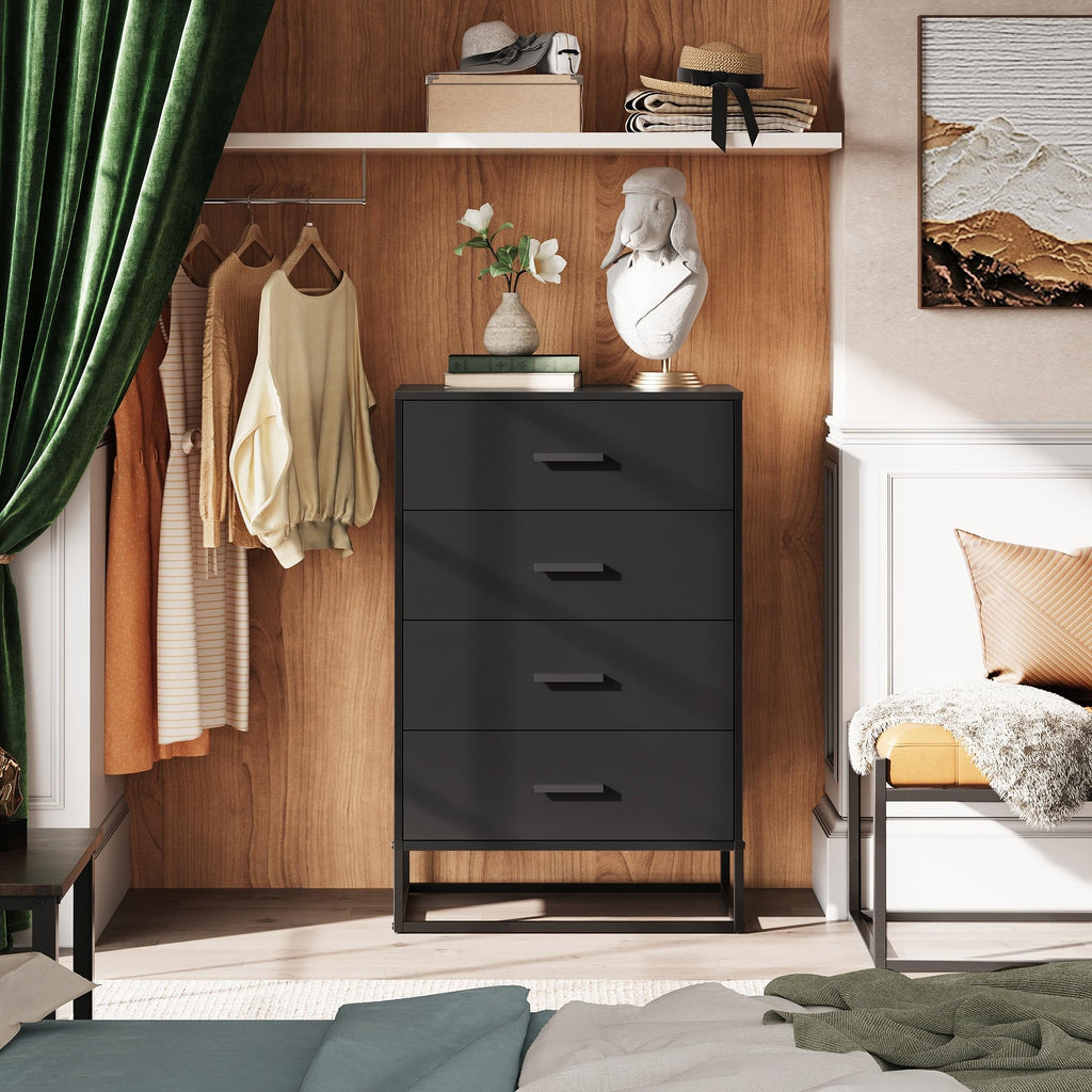WLIVE Wooden Dresser for Bedroom with 4 Drawers, Black