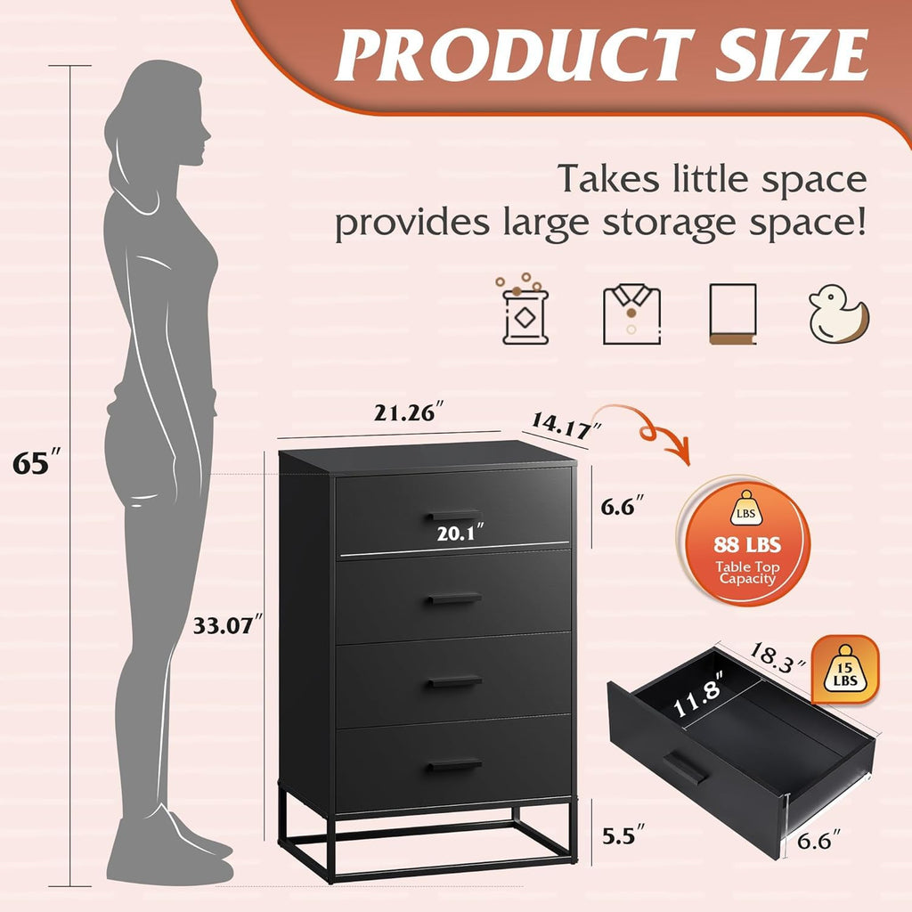 WLIVE Wooden Dresser for Bedroom with 4 Drawers, Black