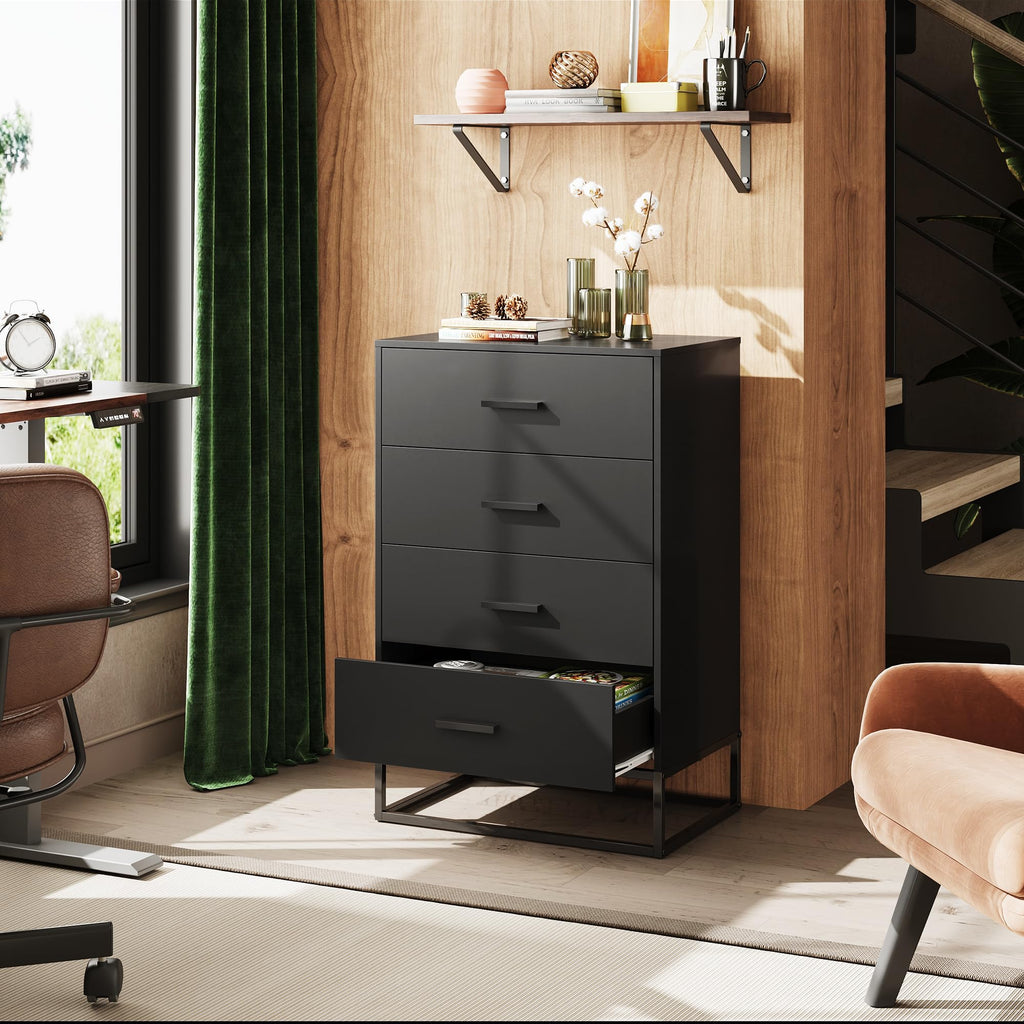 WLIVE Wooden Dresser for Bedroom with 4 Drawers, Black