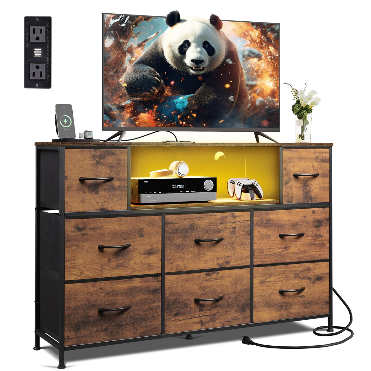 WLIVE LED Dresser TV Stand for 55 Inch TV, 8 Drawers, Brown