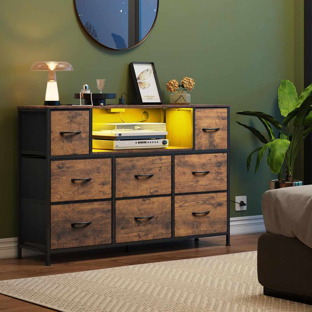 WLIVE LED Dresser TV Stand for 55 Inch TV, 8 Drawers, Brown
