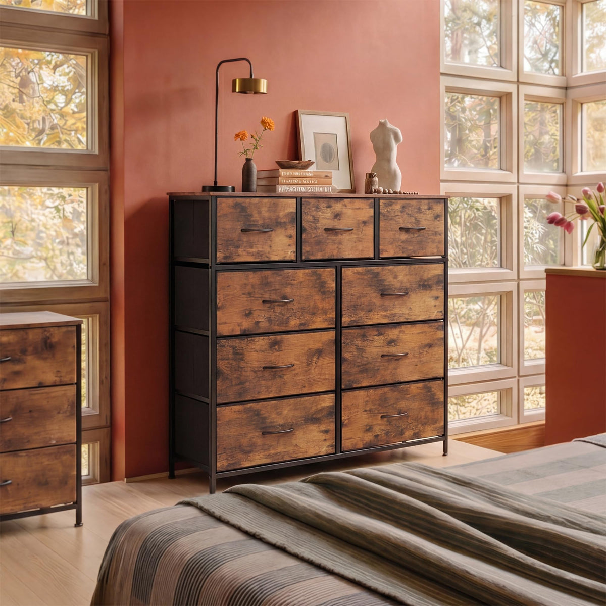 WLIVE Tall Dresser for Bedroom, 9 Drawer Chest of Drawers, Rustic Brown
