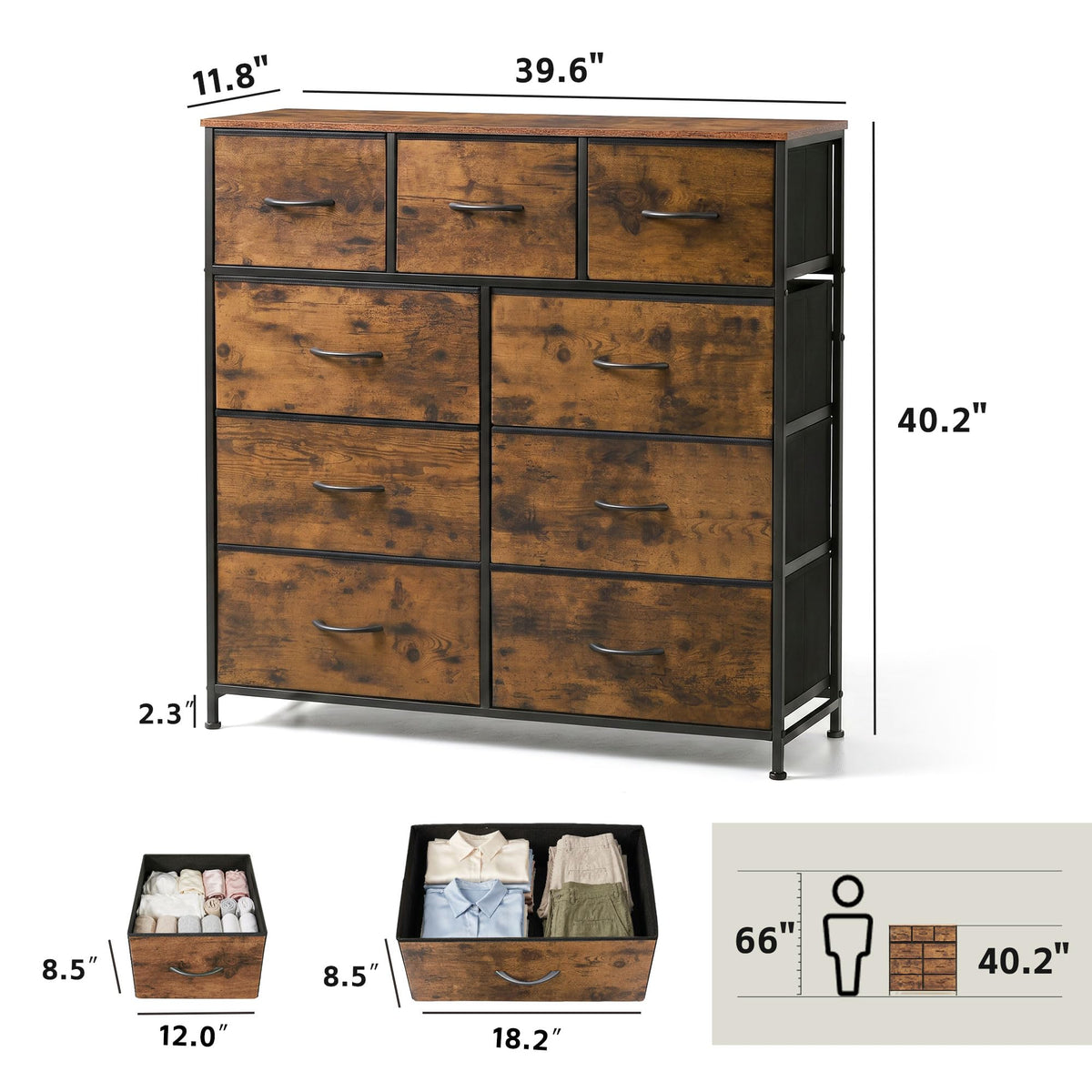 WLIVE Tall Dresser for Bedroom, 9 Drawer Chest of Drawers, Rustic Brown