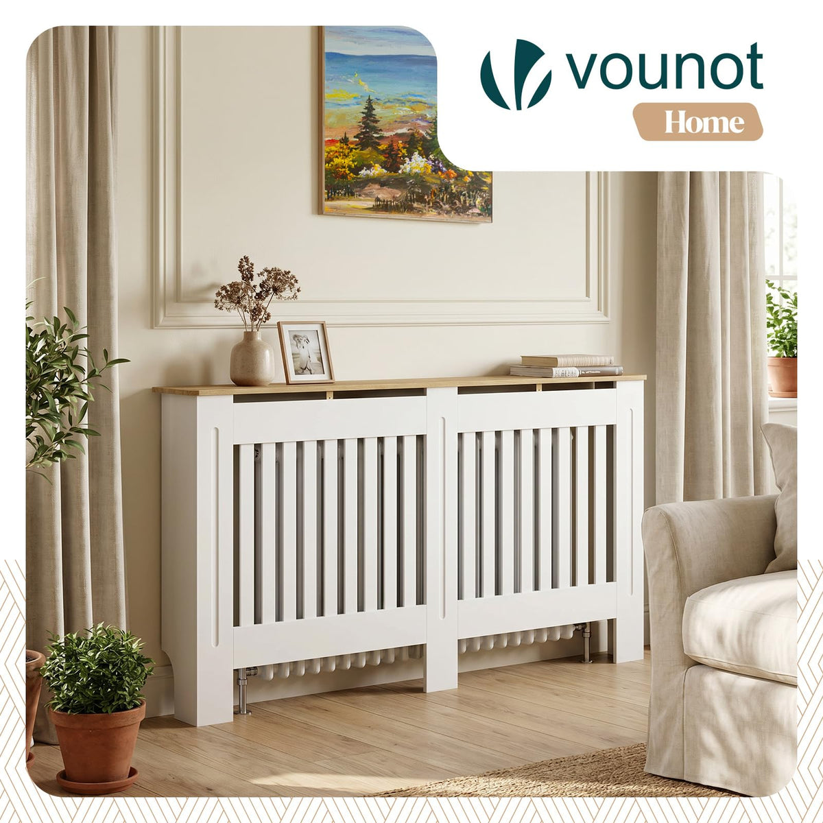 VOUNOT® Radiator Cover Cabinet with Vertical Slats, White Oak, 152x19x82cm