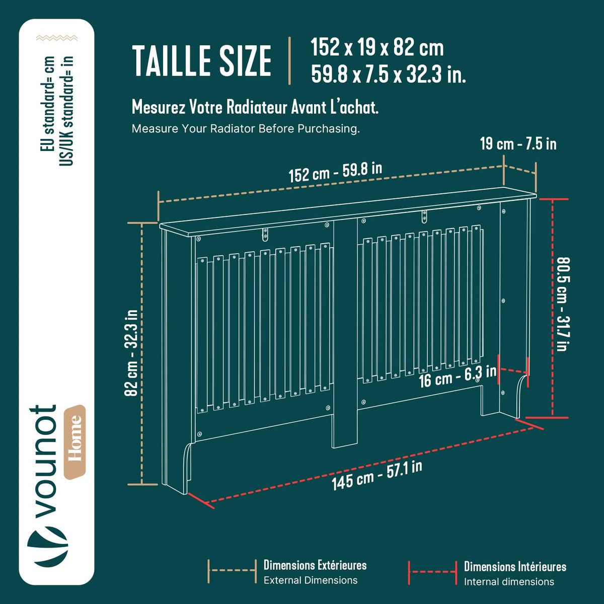 VOUNOT® Radiator Cover Cabinet with Vertical Slats, White Oak, 152x19x82cm