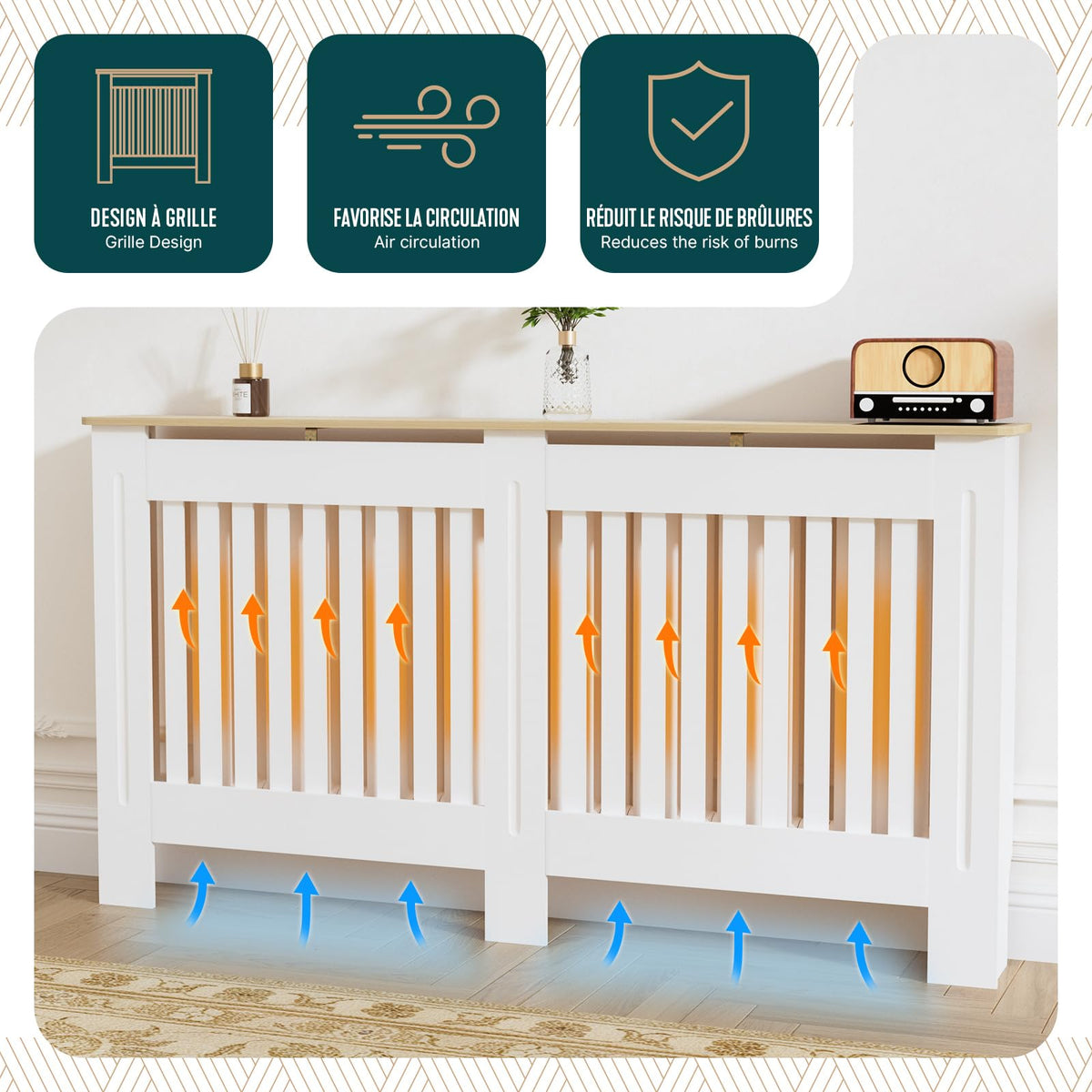 VOUNOT® Radiator Cover Cabinet with Vertical Slats, White Oak, 152x19x82cm