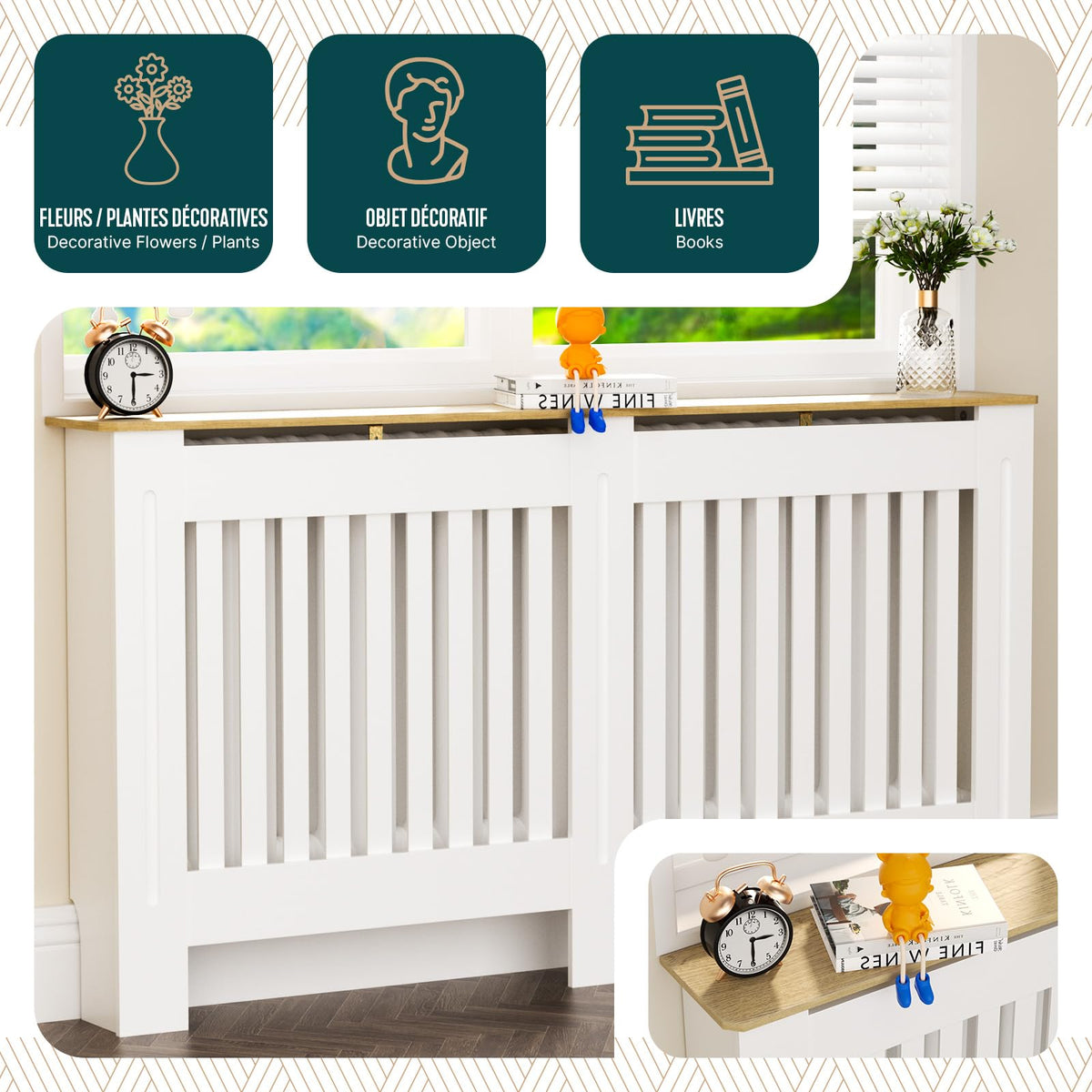 VOUNOT® Radiator Cover Cabinet with Vertical Slats, White Oak, 152x19x82cm