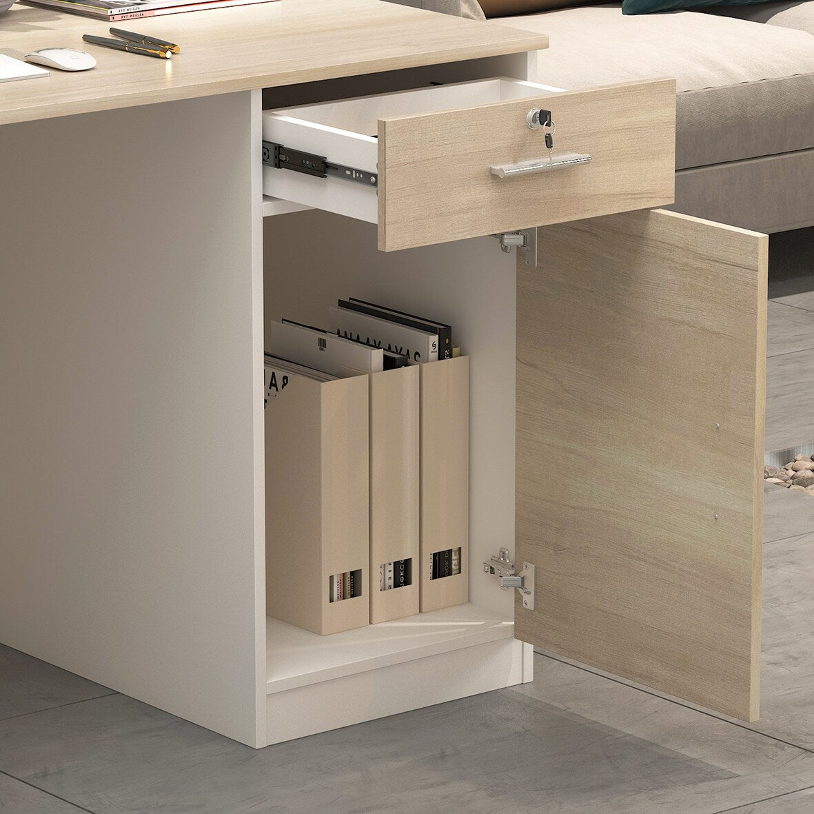FUFU&GAGA Modern/Contemporary Off-White Reception Desk with Drawers, Shelves, and Lockable Cabinet